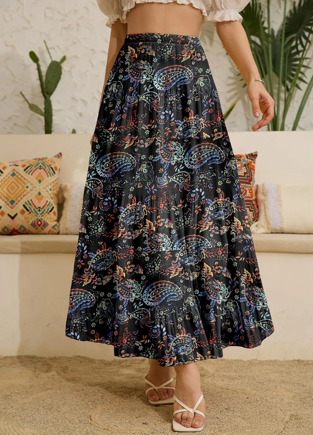 Women's Chiffon White Flowy Maxi Skirts Boho Summer Elastic Waisted Pleated A Line Long Skirt for Women 2025