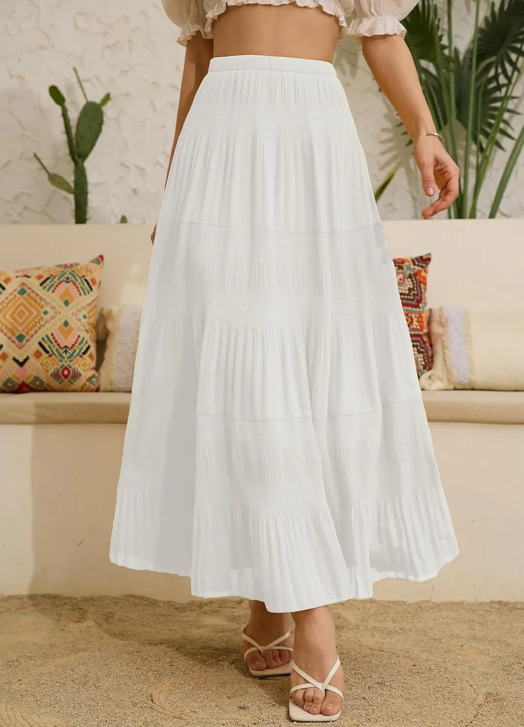 Women's Chiffon White Flowy Maxi Skirts Boho Summer Elastic Waisted Pleated A Line Long Skirt for Women 2025