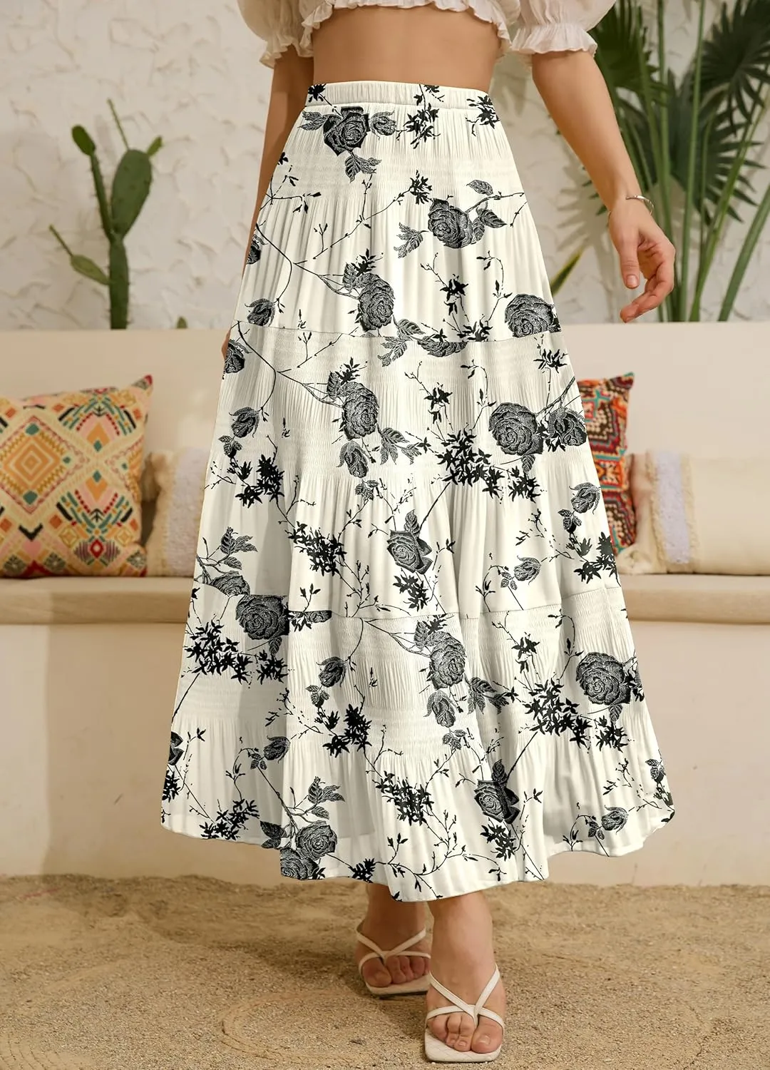 Women's Chiffon White Flowy Maxi Skirts Boho Summer Elastic Waisted Pleated A Line Long Skirt for Women 2025
