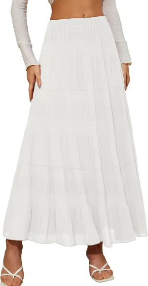 Women's Chiffon White Flowy Maxi Skirts Boho Summer Elastic Waisted Pleated A Line Long Skirt for Women 2025