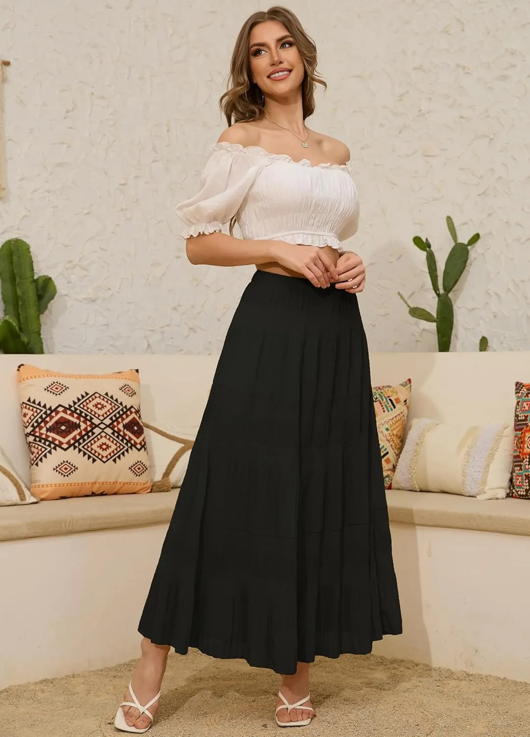 Women's Chiffon White Flowy Maxi Skirts Boho Summer Elastic Waisted Pleated A Line Long Skirt for Women 2025