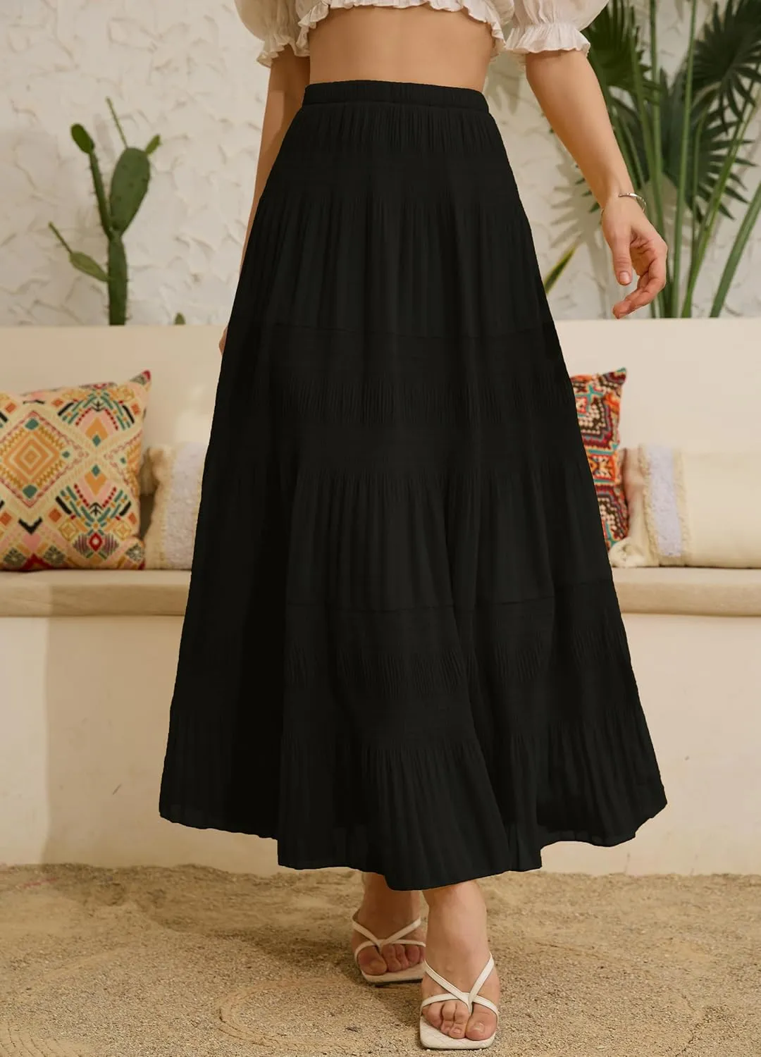 Women's Chiffon White Flowy Maxi Skirts Boho Summer Elastic Waisted Pleated A Line Long Skirt for Women 2025