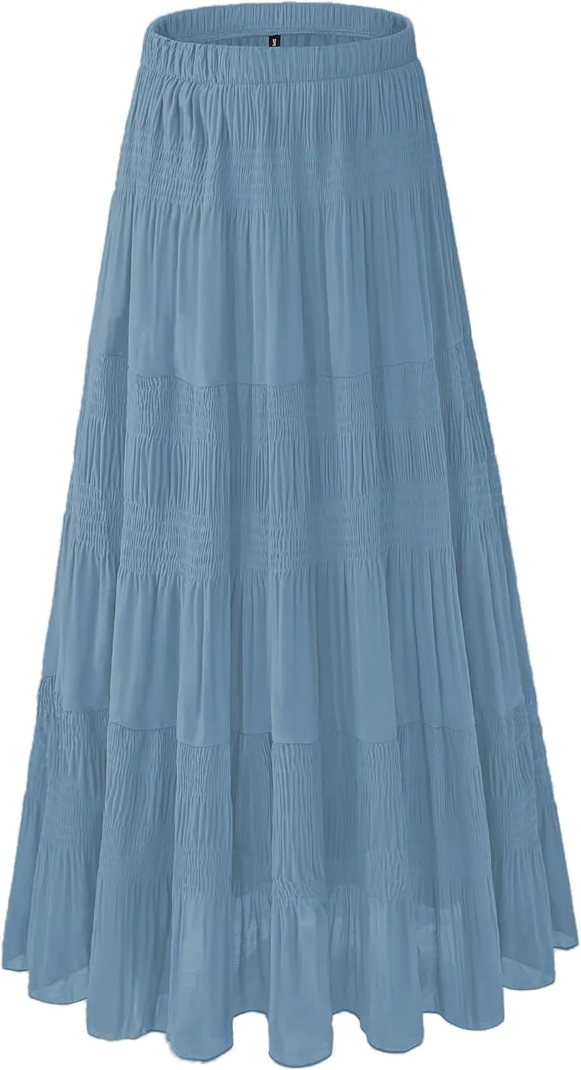 Women's Chiffon White Flowy Maxi Skirts Boho Summer Elastic Waisted Pleated A Line Long Skirt for Women 2025