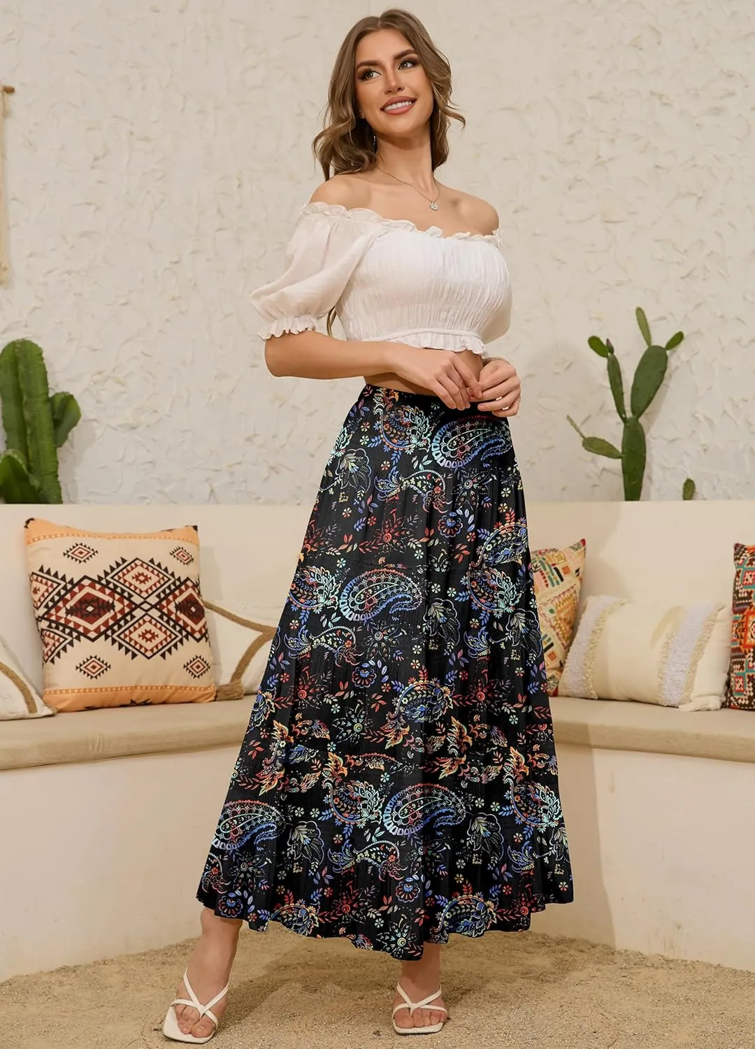 Women's Chiffon White Flowy Maxi Skirts Boho Summer Elastic Waisted Pleated A Line Long Skirt for Women 2025