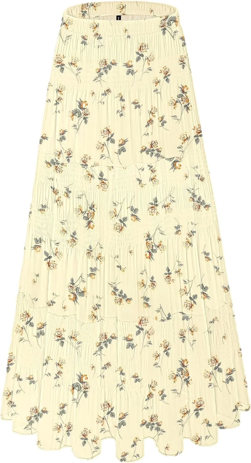 Women's Chiffon White Flowy Maxi Skirts Boho Summer Elastic Waisted Pleated A Line Long Skirt for Women 2025