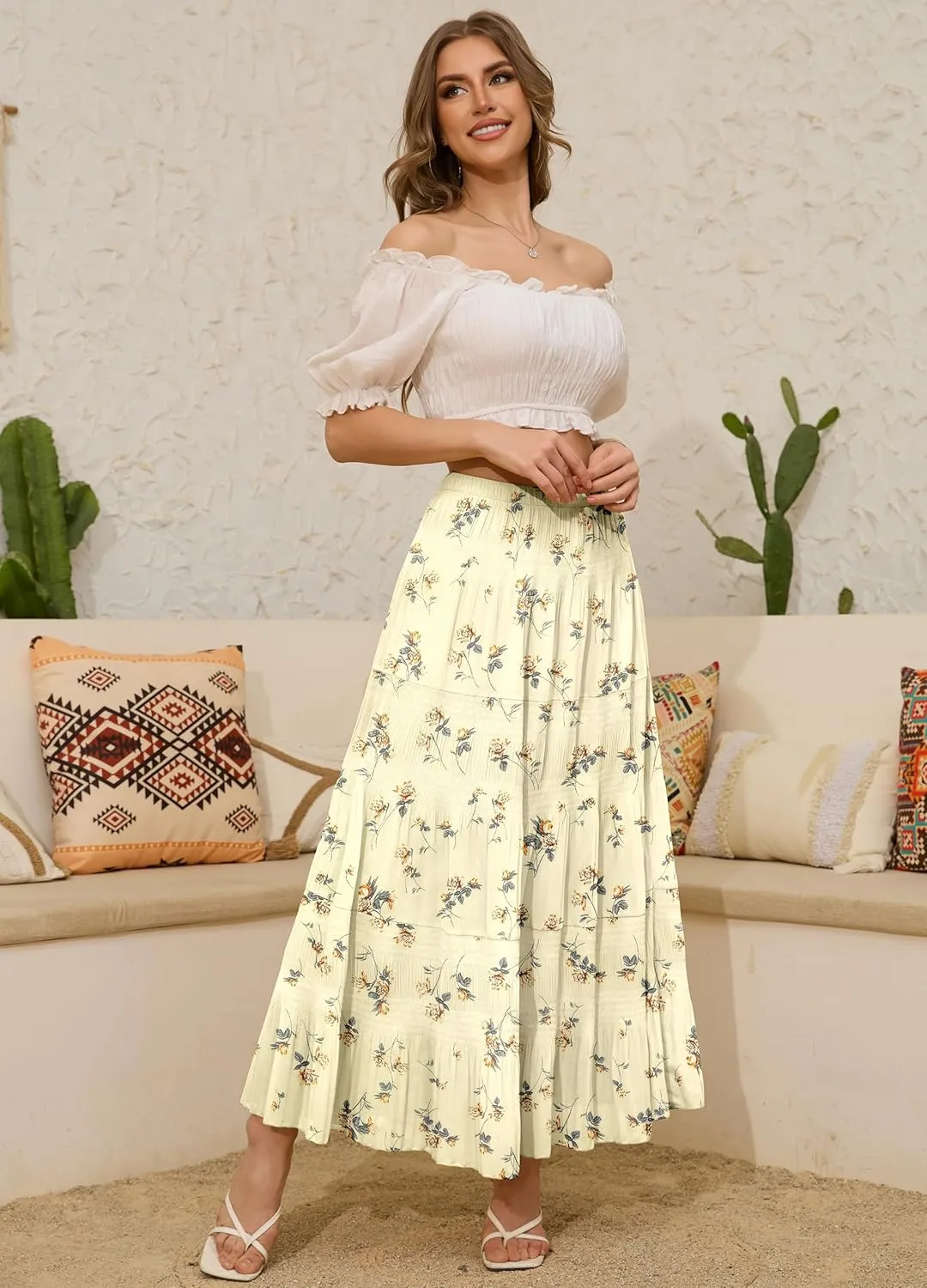 Women's Chiffon White Flowy Maxi Skirts Boho Summer Elastic Waisted Pleated A Line Long Skirt for Women 2025