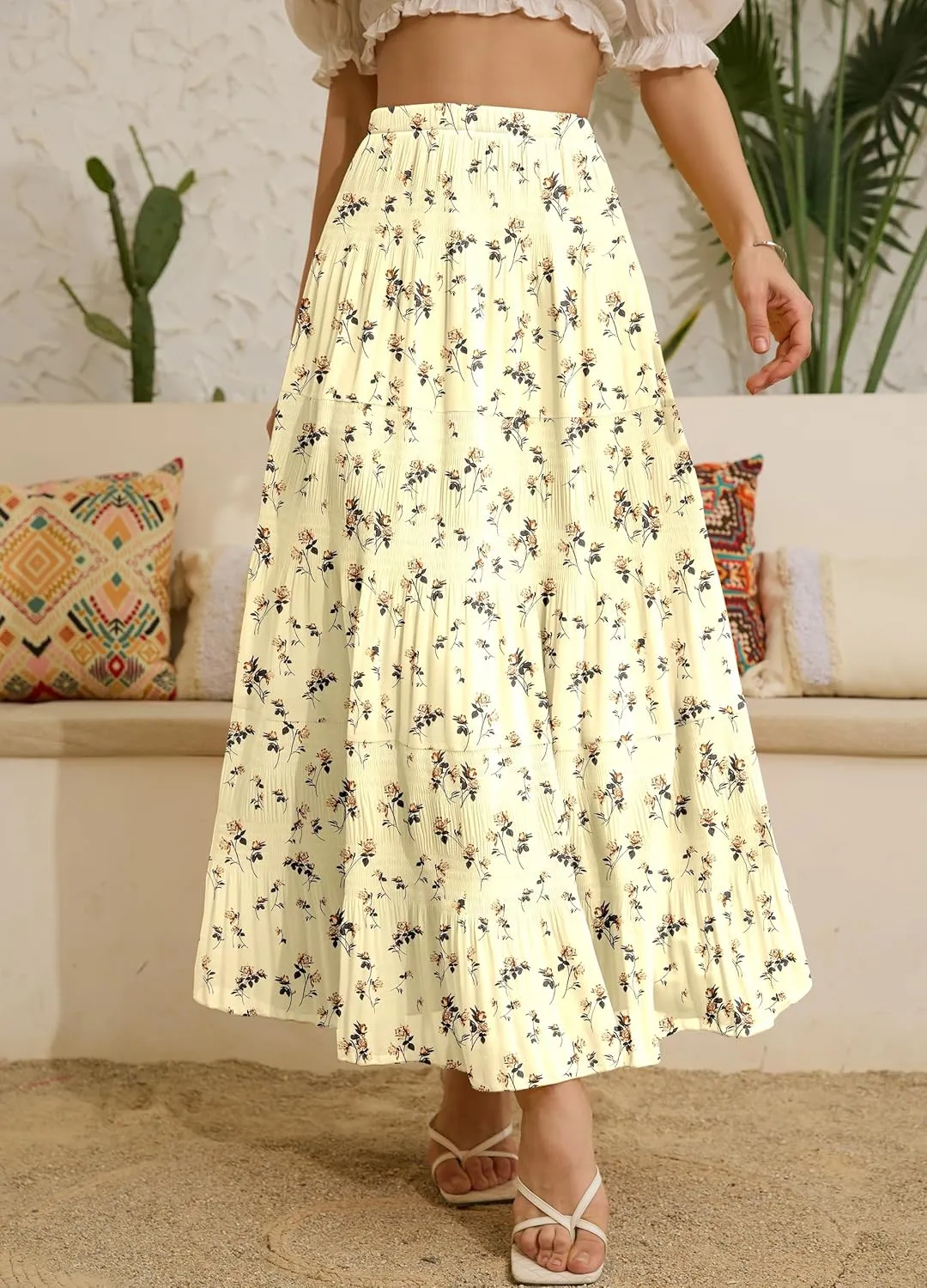 Women's Chiffon White Flowy Maxi Skirts Boho Summer Elastic Waisted Pleated A Line Long Skirt for Women 2025