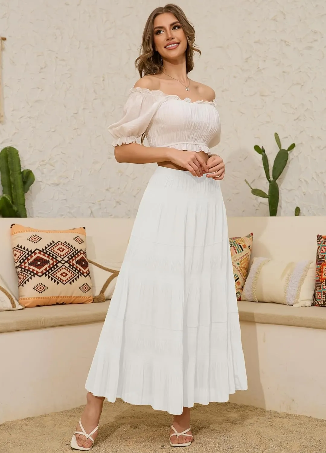 Women's Chiffon White Flowy Maxi Skirts Boho Summer Elastic Waisted Pleated A Line Long Skirt for Women 2025