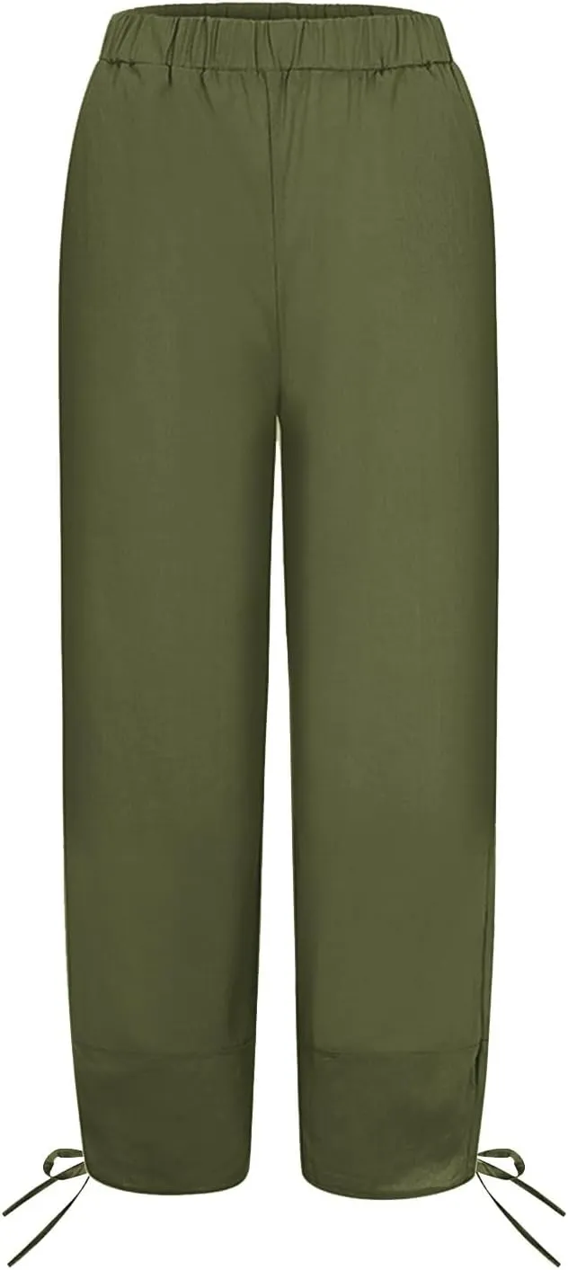 Women's Cotton Linen Pants Casual Tapered Harem Pants Loose Fit Flax Ankle Trousers Summer Baggy Slacks with