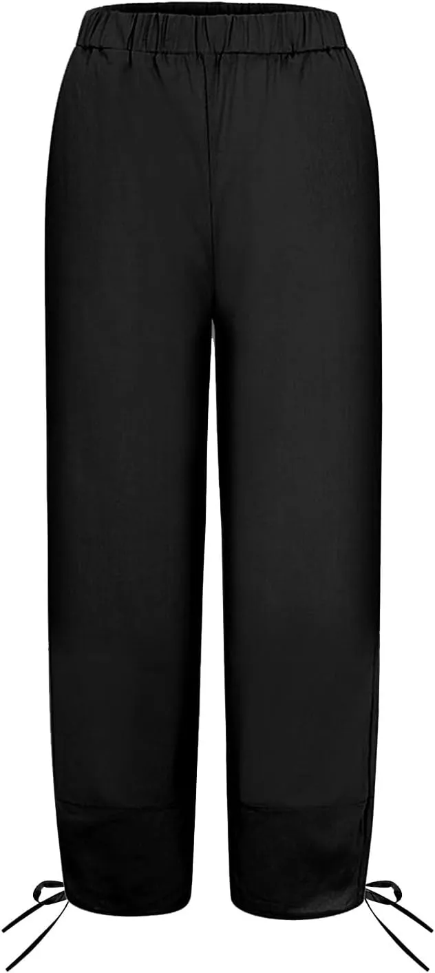 Women's Cotton Linen Pants Casual Tapered Harem Pants Loose Fit Flax Ankle Trousers Summer Baggy Slacks with
