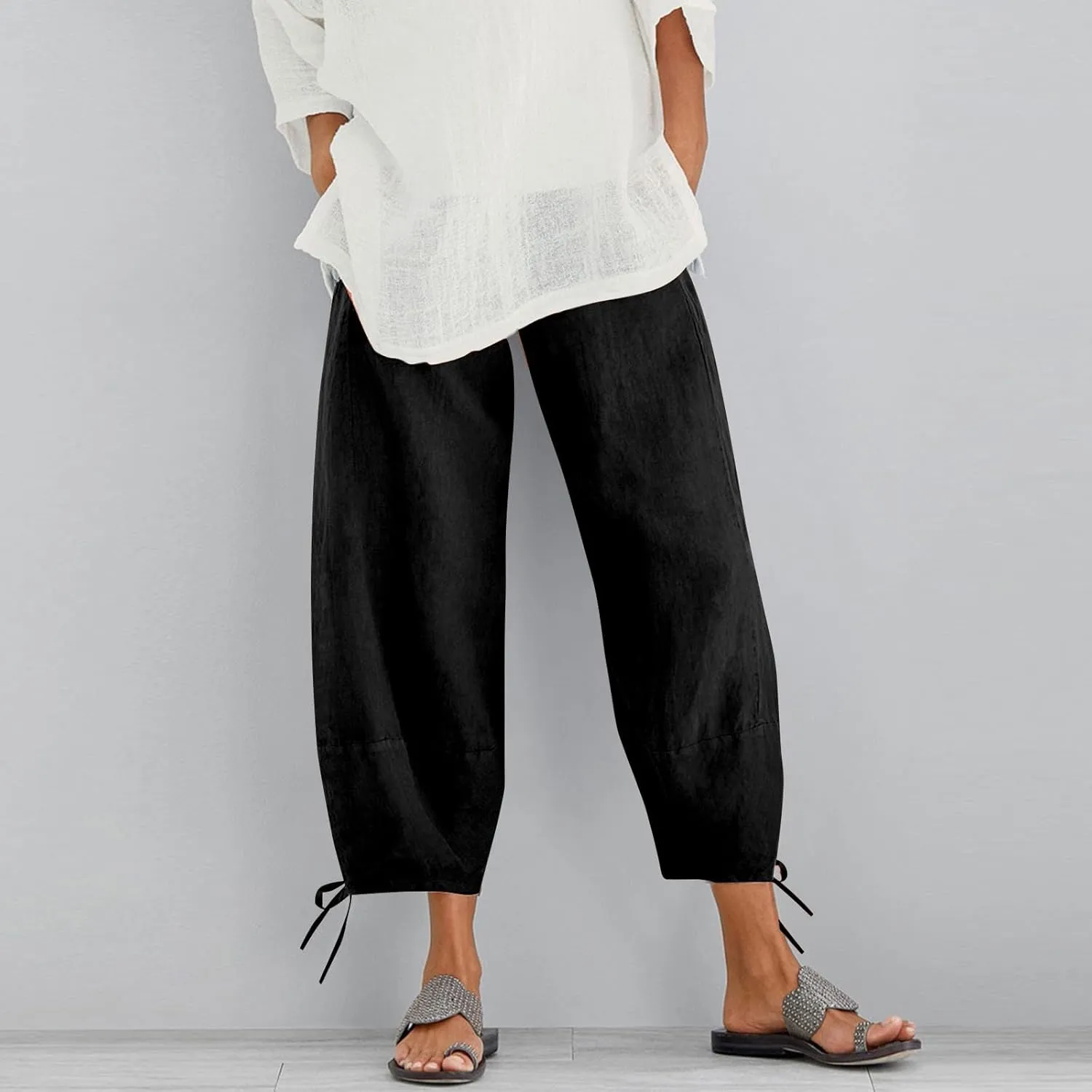 Women's Cotton Linen Pants Casual Tapered Harem Pants Loose Fit Flax Ankle Trousers Summer Baggy Slacks with