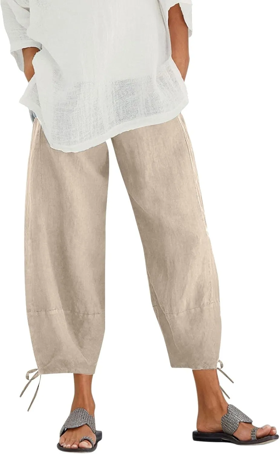 Women's Cotton Linen Pants Casual Tapered Harem Pants Loose Fit Flax Ankle Trousers Summer Baggy Slacks with