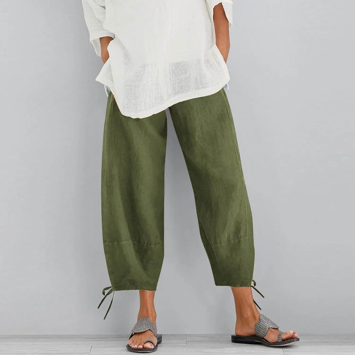 Women's Cotton Linen Pants Casual Tapered Harem Pants Loose Fit Flax Ankle Trousers Summer Baggy Slacks with