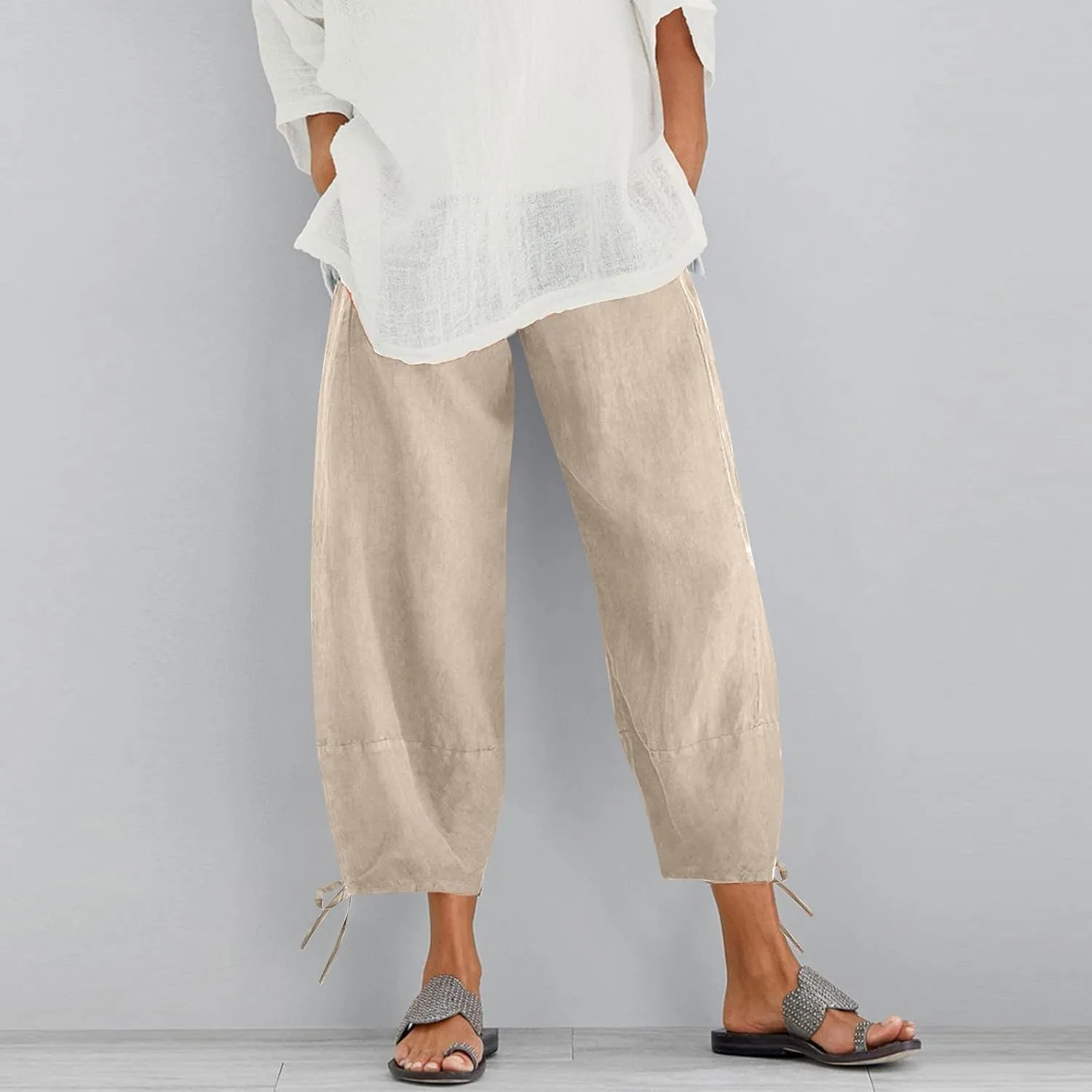 Women's Cotton Linen Pants Casual Tapered Harem Pants Loose Fit Flax Ankle Trousers Summer Baggy Slacks with