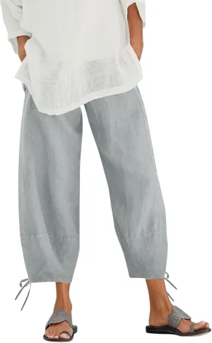Women's Cotton Linen Pants Casual Tapered Harem Pants Loose Fit Flax Ankle Trousers Summer Baggy Slacks with