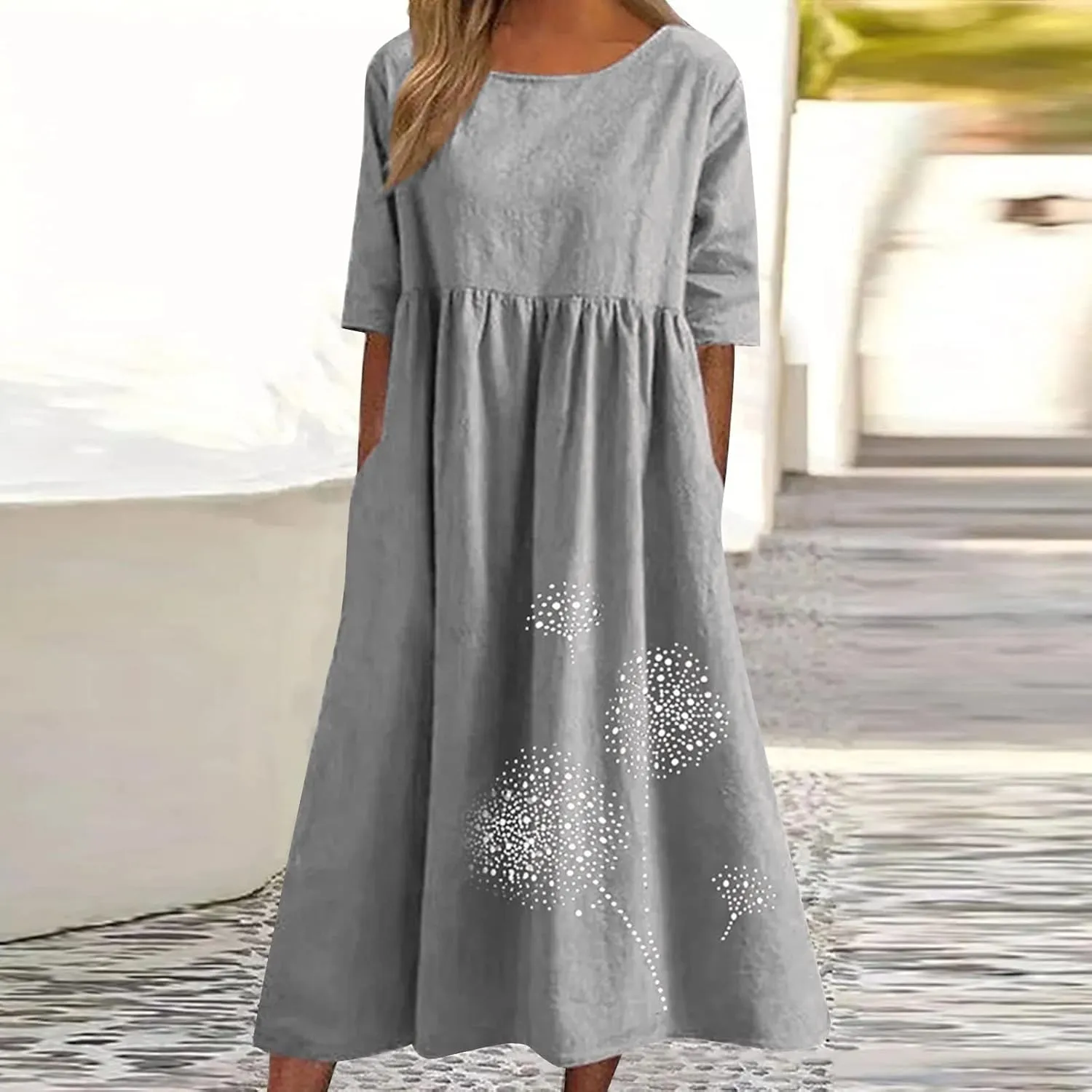 Women's Cotton Linen Short Sleeve Tshirt Dress Dandelion Print Casual Plus Size Midi Dresses Beach Dress with Pockets