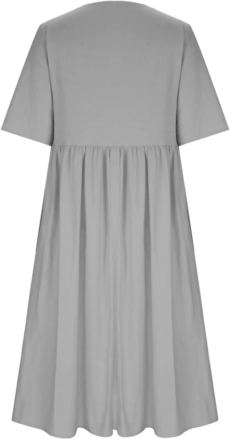 Women's Cotton Linen Short Sleeve Tshirt Dress Dandelion Print Casual Plus Size Midi Dresses Beach Dress with Pockets