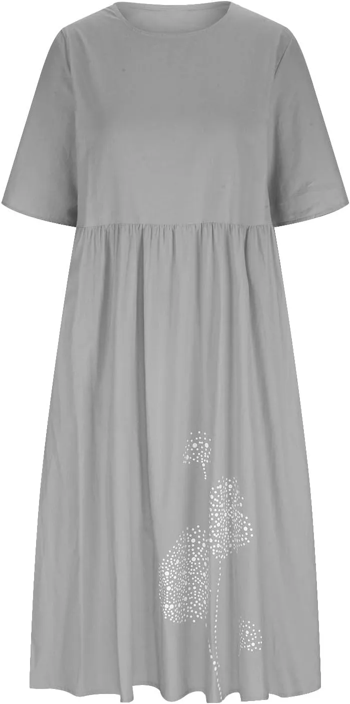 Women's Cotton Linen Short Sleeve Tshirt Dress Dandelion Print Casual Plus Size Midi Dresses Beach Dress with Pockets