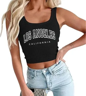 Women's Crop Tops Los Angeles Sleeveless Graphic Letter Tank Tops Knit Vest Slim Fit for Teen Girls