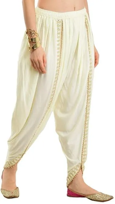 Women's Dhoti Style Harem Pants, Traditional Indian Patiala, Mustard Yellow with Gold Lace, Free Size (28 Till 36)