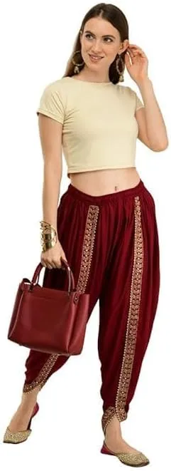 Women's Dhoti Style Harem Pants, Traditional Indian Patiala, Mustard Yellow with Gold Lace, Free Size (28 Till 36)
