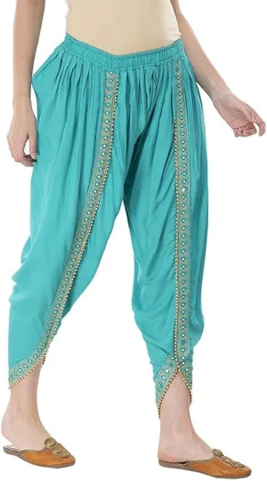 Women's Dhoti Style Harem Pants, Traditional Indian Patiala, Mustard Yellow with Gold Lace, Free Size (28 Till 36)