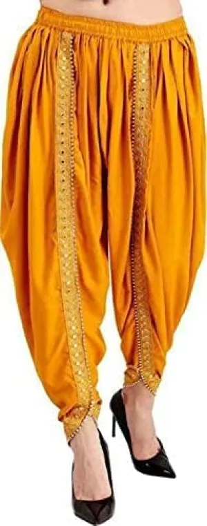 Women's Dhoti Style Harem Pants, Traditional Indian Patiala, Mustard Yellow with Gold Lace, Free Size (28 Till 36)