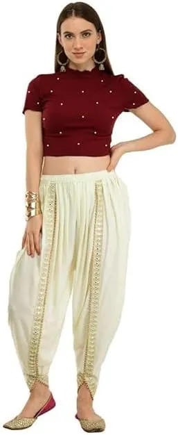 Women's Dhoti Style Harem Pants, Traditional Indian Patiala, Mustard Yellow with Gold Lace, Free Size (28 Till 36)