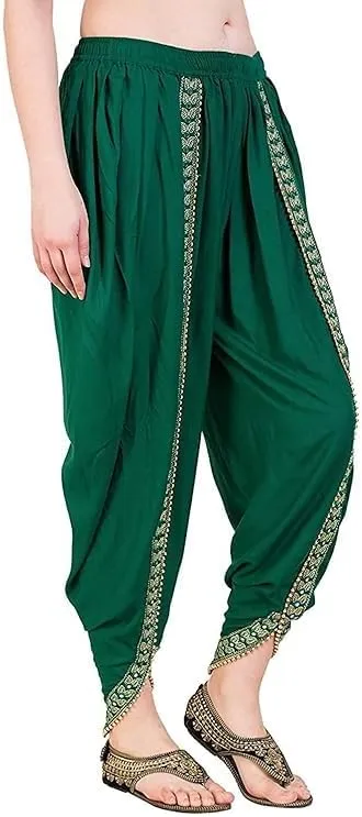 Women's Dhoti Style Harem Pants, Traditional Indian Patiala, Mustard Yellow with Gold Lace, Free Size (28 Till 36)