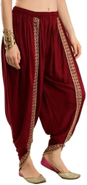 Women's Dhoti Style Harem Pants, Traditional Indian Patiala, Mustard Yellow with Gold Lace, Free Size (28 Till 36)