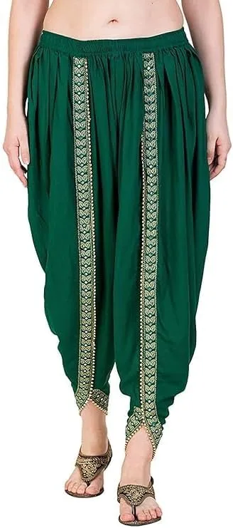 Women's Dhoti Style Harem Pants, Traditional Indian Patiala, Mustard Yellow with Gold Lace, Free Size (28 Till 36)