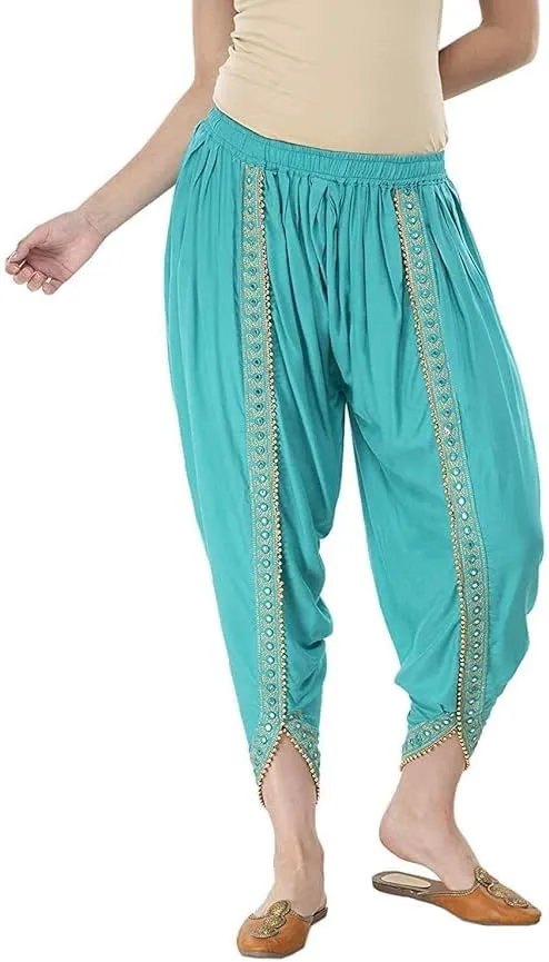 Women's Dhoti Style Harem Pants, Traditional Indian Patiala, Mustard Yellow with Gold Lace, Free Size (28 Till 36)