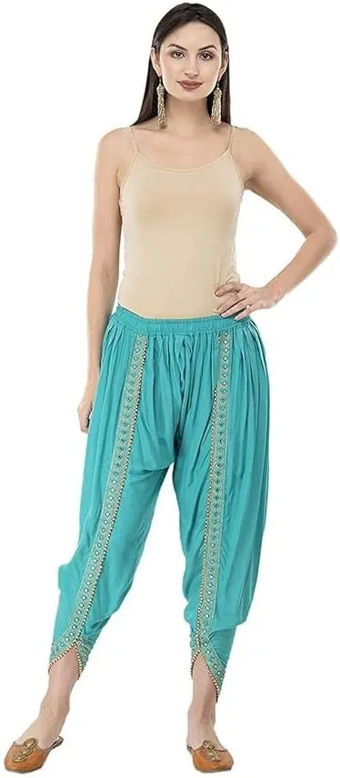 Women's Dhoti Style Harem Pants, Traditional Indian Patiala, Mustard Yellow with Gold Lace, Free Size (28 Till 36)
