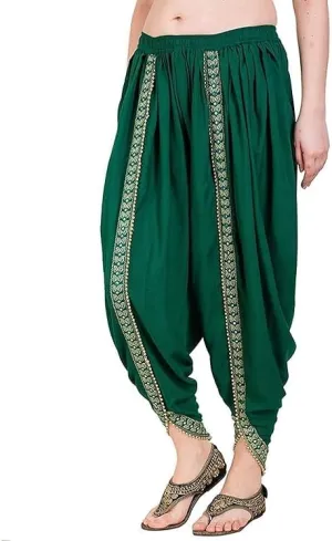 Women's Dhoti Style Harem Pants, Traditional Indian Patiala, Mustard Yellow with Gold Lace, Free Size (28 Till 36)