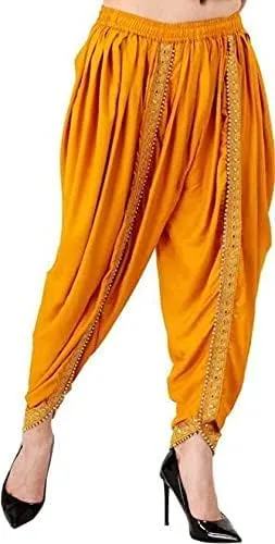 Women's Dhoti Style Harem Pants, Traditional Indian Patiala, Mustard Yellow with Gold Lace, Free Size (28 Till 36)