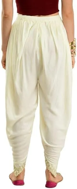 Women's Dhoti Style Harem Pants, Traditional Indian Patiala, Mustard Yellow with Gold Lace, Free Size (28 Till 36)