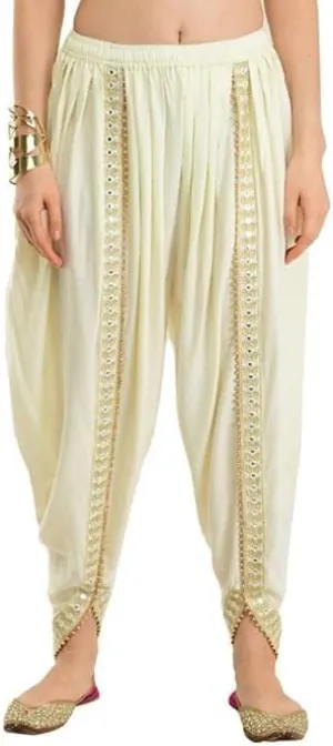 Women's Dhoti Style Harem Pants, Traditional Indian Patiala, Mustard Yellow with Gold Lace, Free Size (28 Till 36)