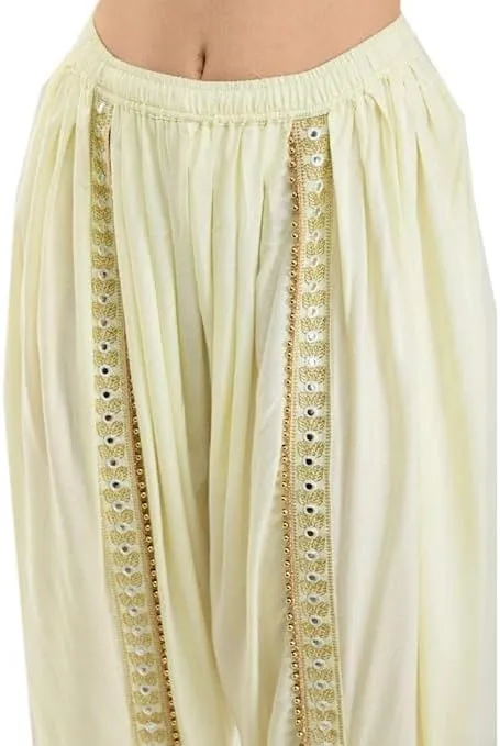 Women's Dhoti Style Harem Pants, Traditional Indian Patiala, Mustard Yellow with Gold Lace, Free Size (28 Till 36)