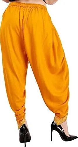Women's Dhoti Style Harem Pants, Traditional Indian Patiala, Mustard Yellow with Gold Lace, Free Size (28 Till 36)