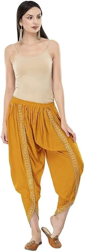 Women's Dhoti Style Harem Pants, Traditional Indian Patiala, Mustard Yellow with Gold Lace, Free Size (28 Till 36)