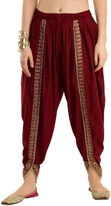 Women's Dhoti Style Harem Pants, Traditional Indian Patiala, Mustard Yellow with Gold Lace, Free Size (28 Till 36)