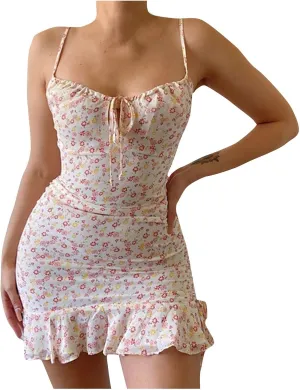 Women's Ditsy Floral Ruched Cami Mini Dress Spaghetti Strap Pencil Dress Smocked Ruffle Tie Front Boho Short Dresses