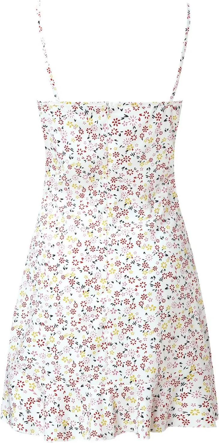 Women's Ditsy Floral Ruched Cami Mini Dress Spaghetti Strap Pencil Dress Smocked Ruffle Tie Front Boho Short Dresses