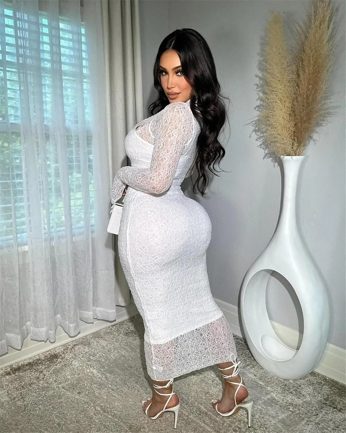 Women's Elegant Bodycon Midi Dress Lace Party Cocktail Wedding Guest Dress