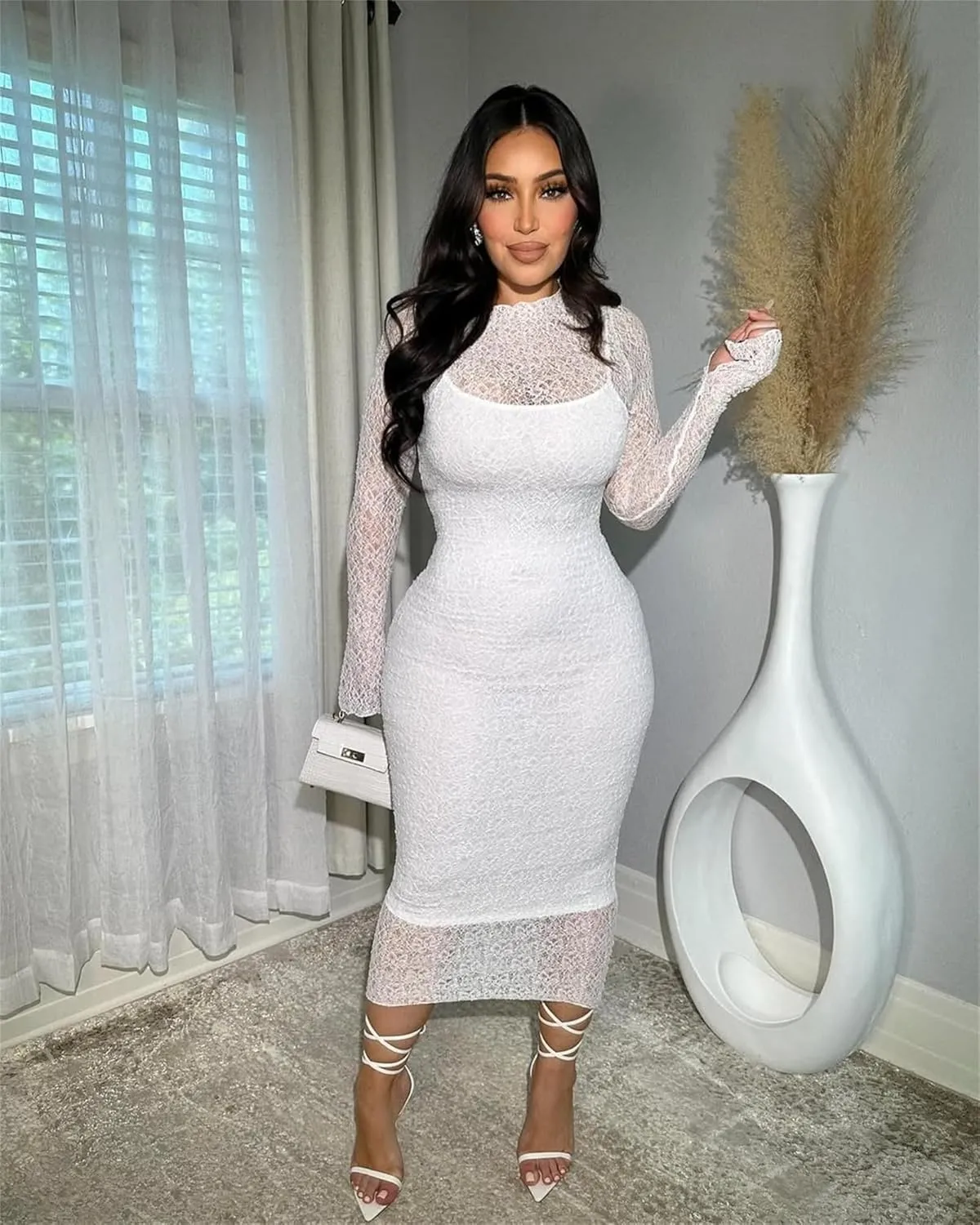 Women's Elegant Bodycon Midi Dress Lace Party Cocktail Wedding Guest Dress