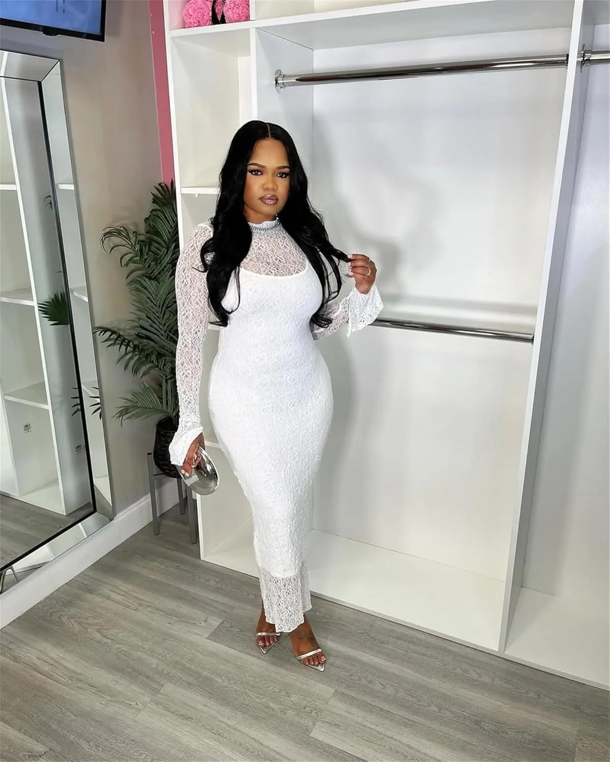 Women's Elegant Bodycon Midi Dress Lace Party Cocktail Wedding Guest Dress