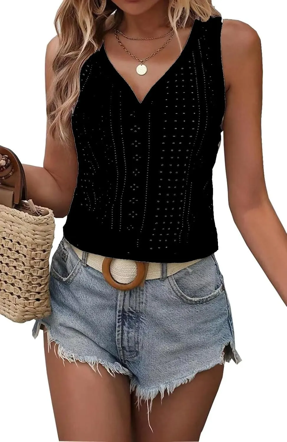 Womens Fashion Tank Tops Solid Color Hollow Tops Summer Casual Loose Flowy Shirt Tanks Vest Vacation Sleeveless Shirts