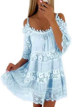 Womens Floral Lace Cold Shoulder Dress Crochet Lace Trim Scoop Neck Ruffle Hem Vintage A-line Mini Cami Dress