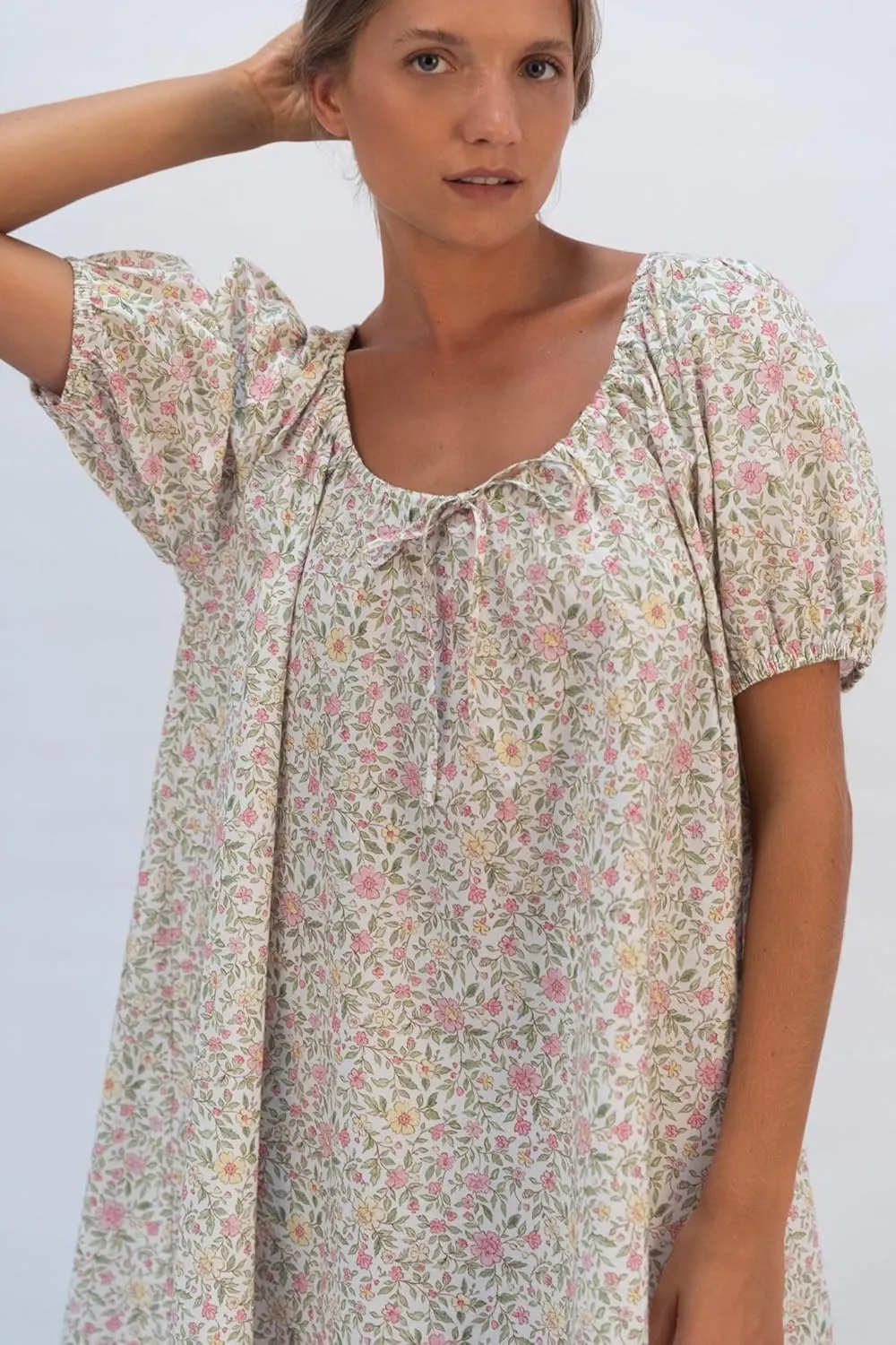 Women's Floral Print Dress Y2k Tie Front Puffle Sleeve Plaid Boho Loose Mini Dress Beach Gingham Sundress