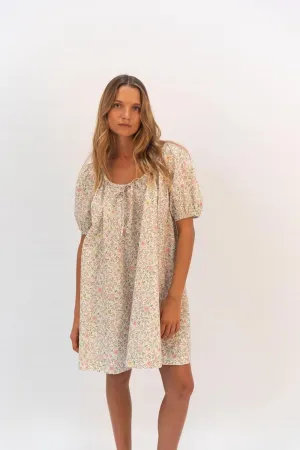Women's Floral Print Dress Y2k Tie Front Puffle Sleeve Plaid Boho Loose Mini Dress Beach Gingham Sundress